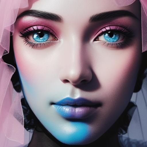 Tulle Fabric Silhouette: Woman's Face in Pink and Blue