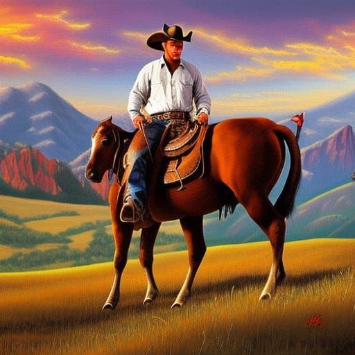 Cowboy on Horse in Prairie Landscape, Detailed Painting
