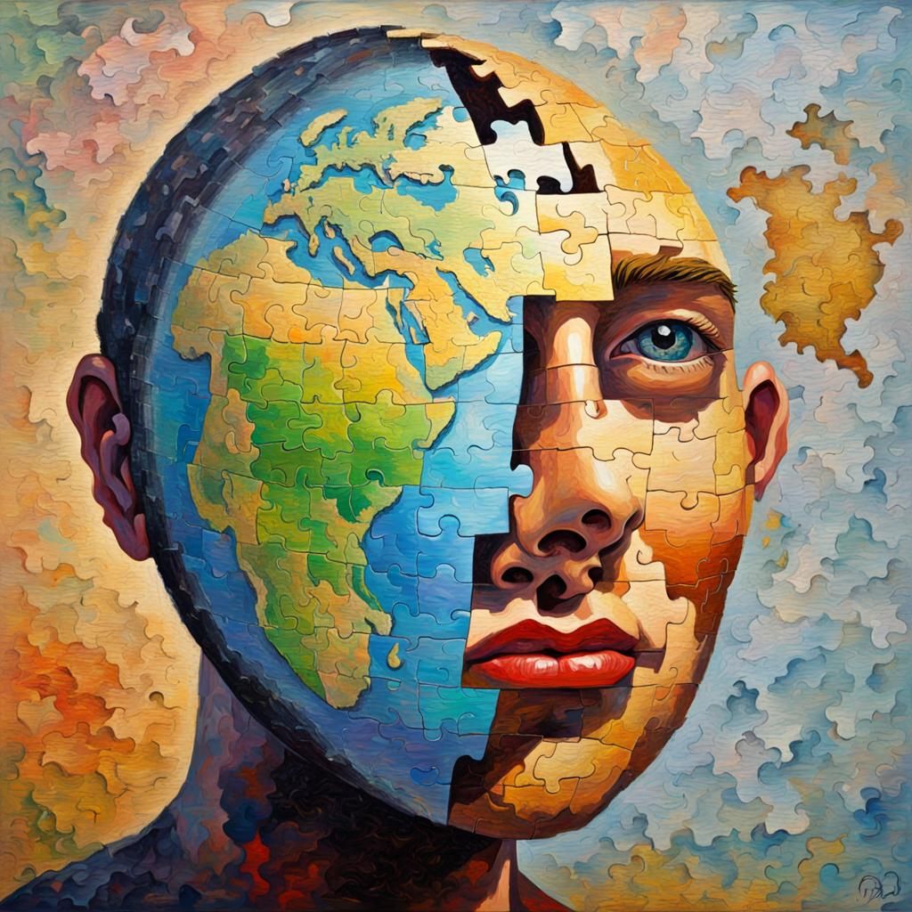 Human Head Emerges from Puzzle Globe
