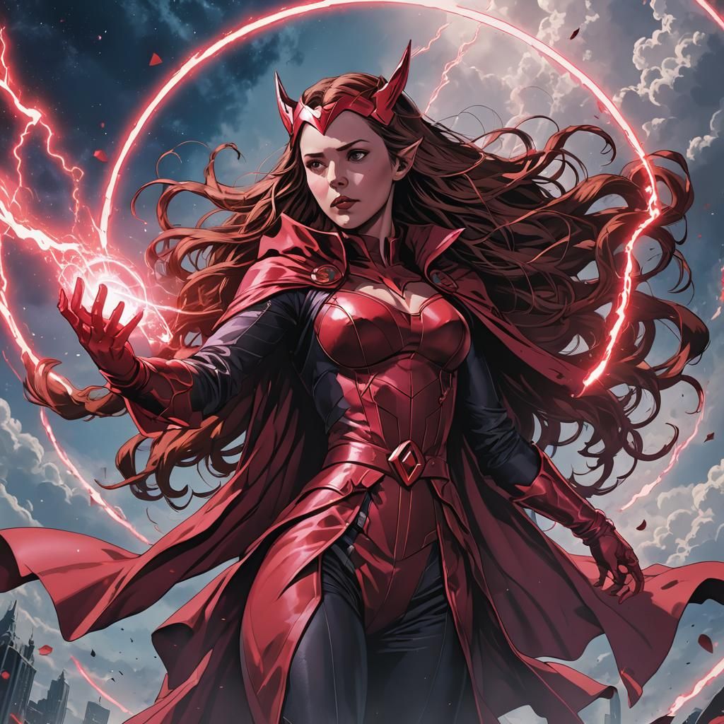 Scarlet Witch Ascends: Anime Style Sky Scene