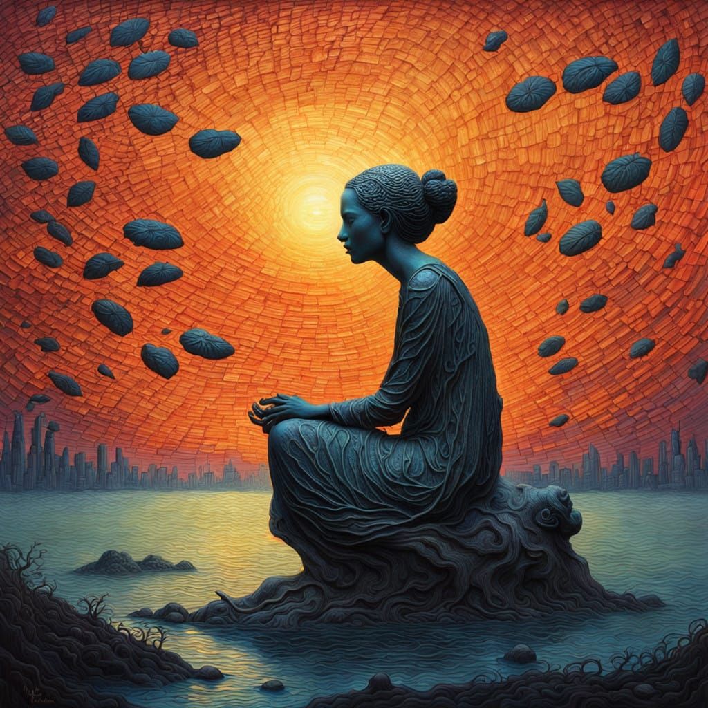 Mystical Bio-Luminescent Sculpture with Shrouded Woman and E...