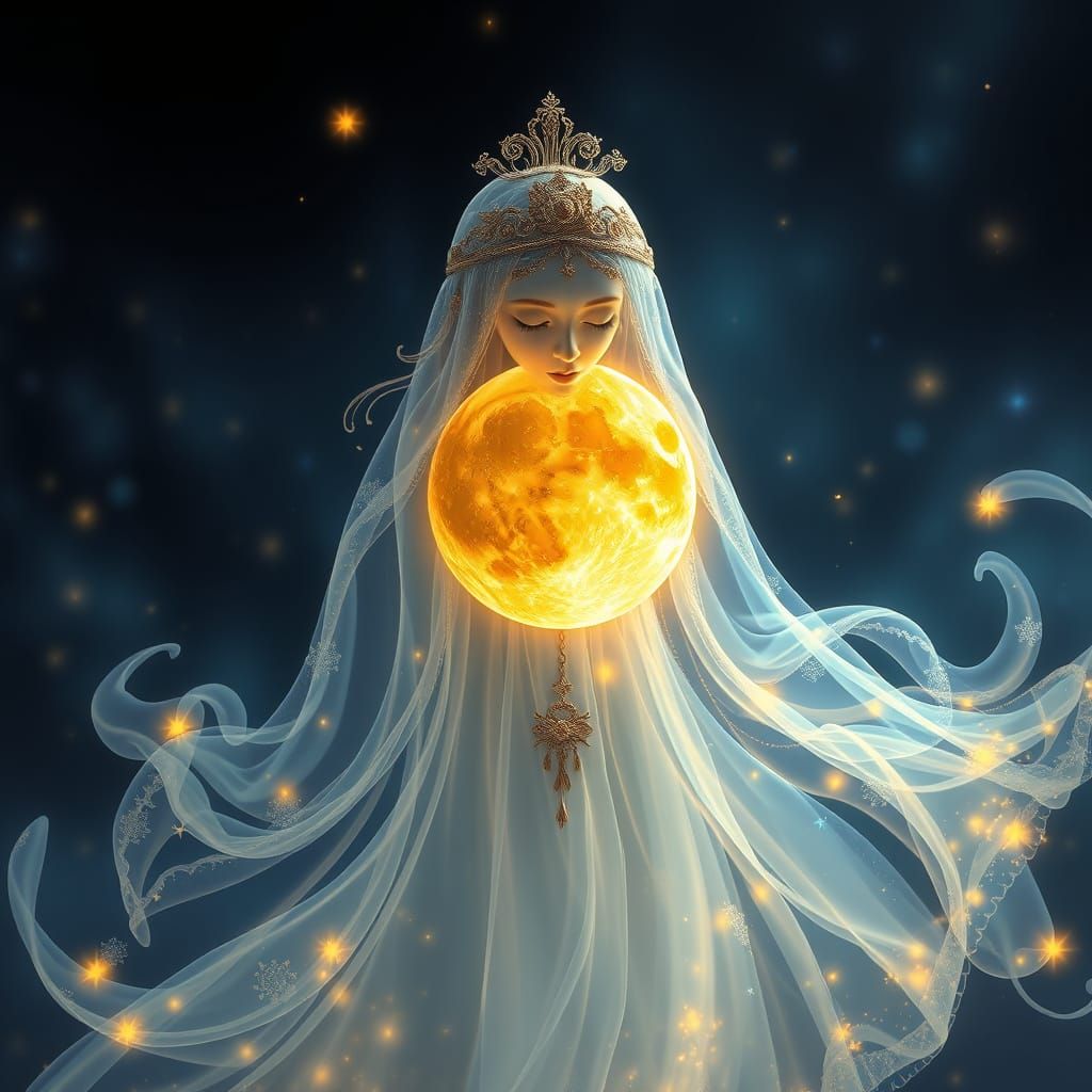 Translucent Ghost Exhaling a Moon of Golden Light