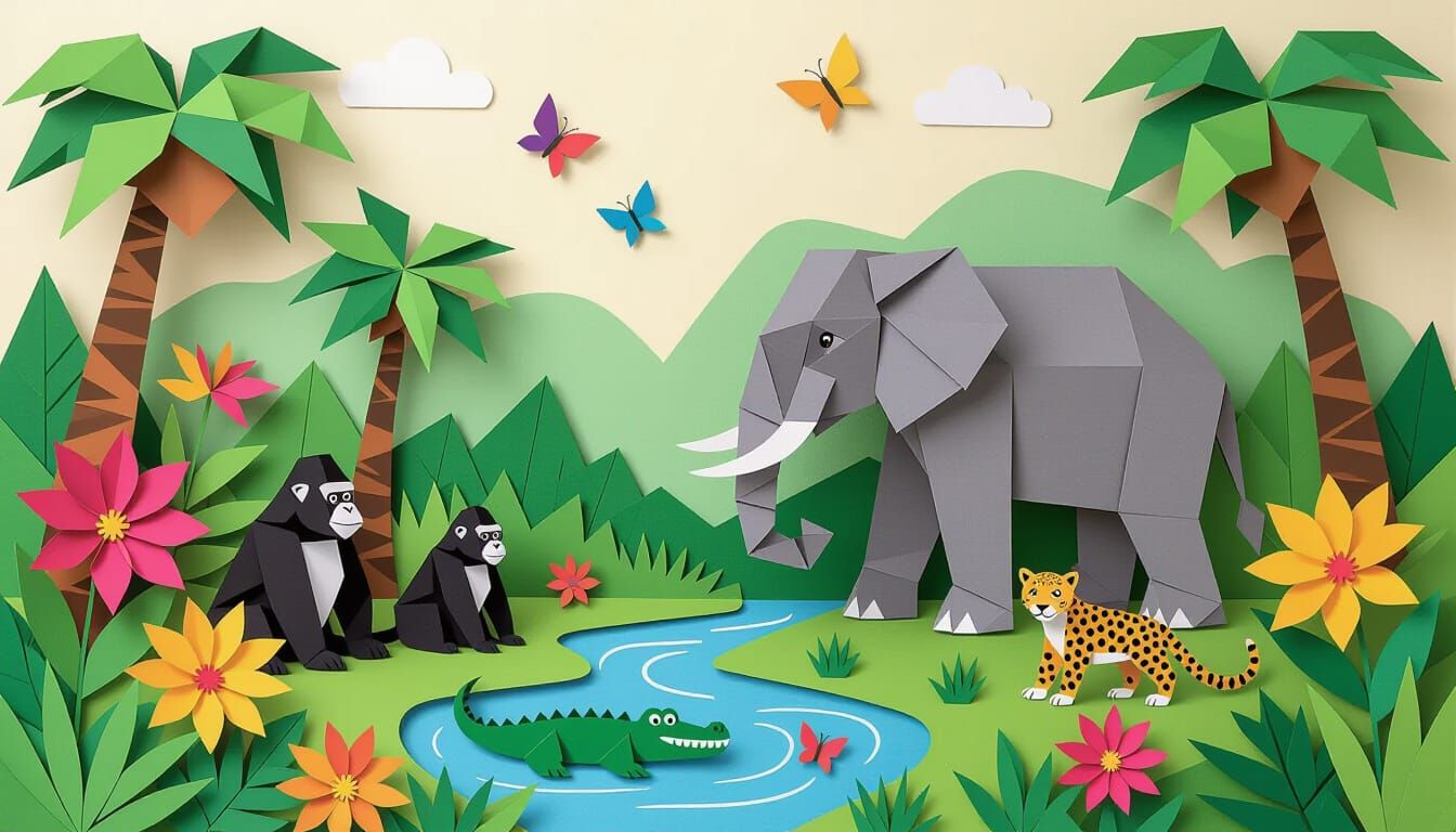 Origami African Paradise Garden with Elephant and Wildlife