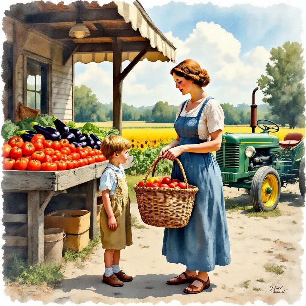1940s Family at Farmer's Market, Watercolor & Oil Style