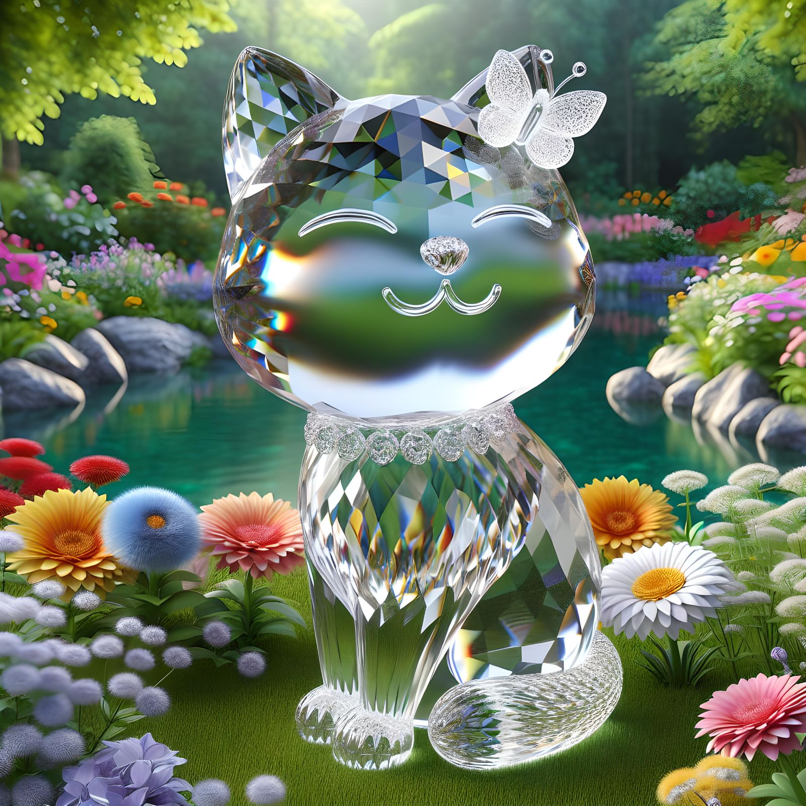 Crystal Cat Figurine in Garden Setting: 8K Resolution