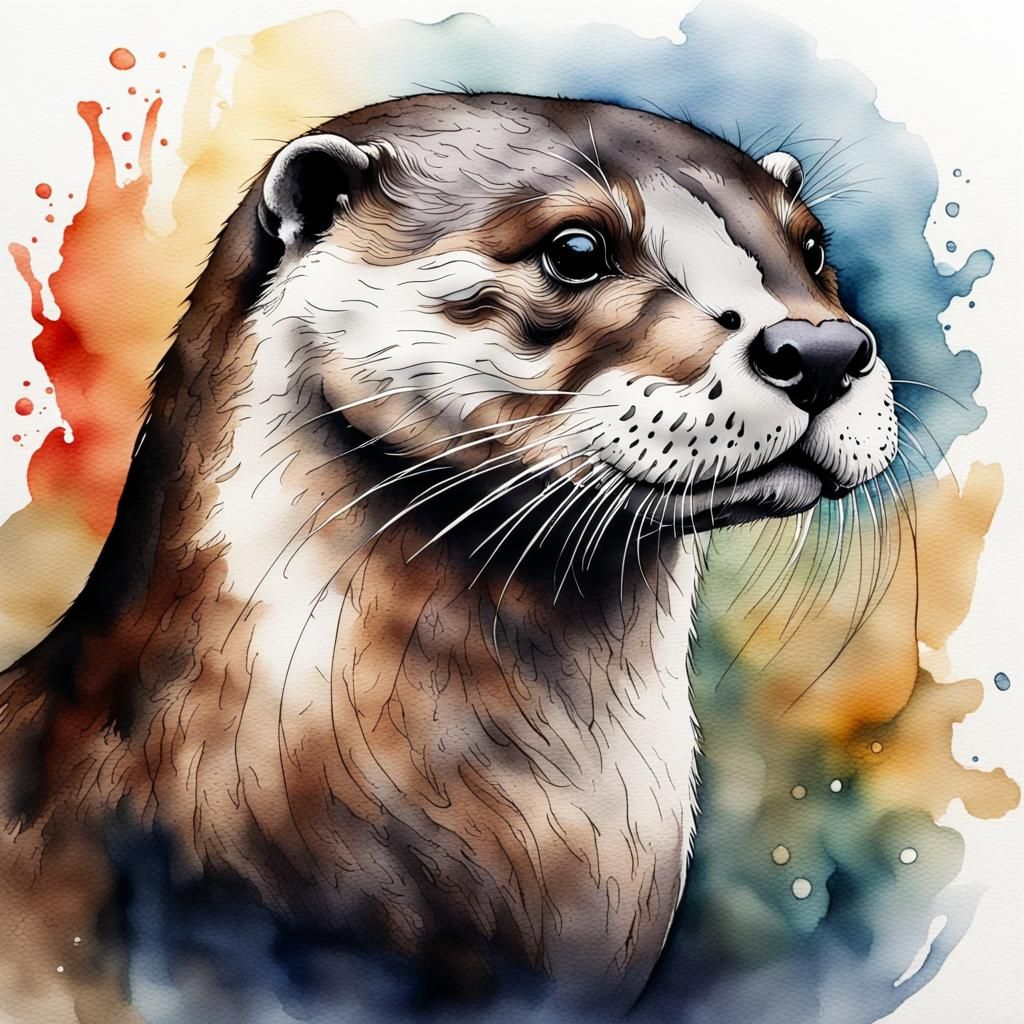 Elegant Otter Portrait in Ink and Watercolor