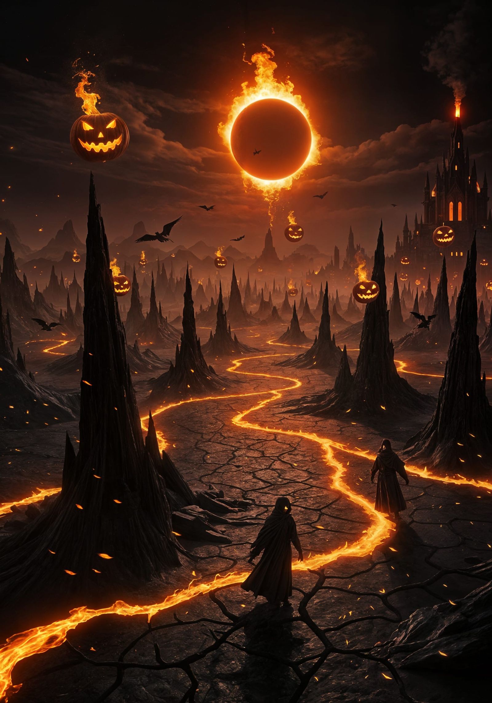 Gothic Halloween Landscape with Fiery Eclipse