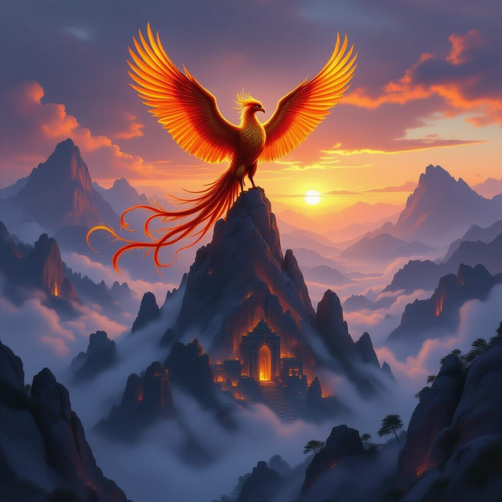Majestic Phoenix on Mountain Peak at Dawn