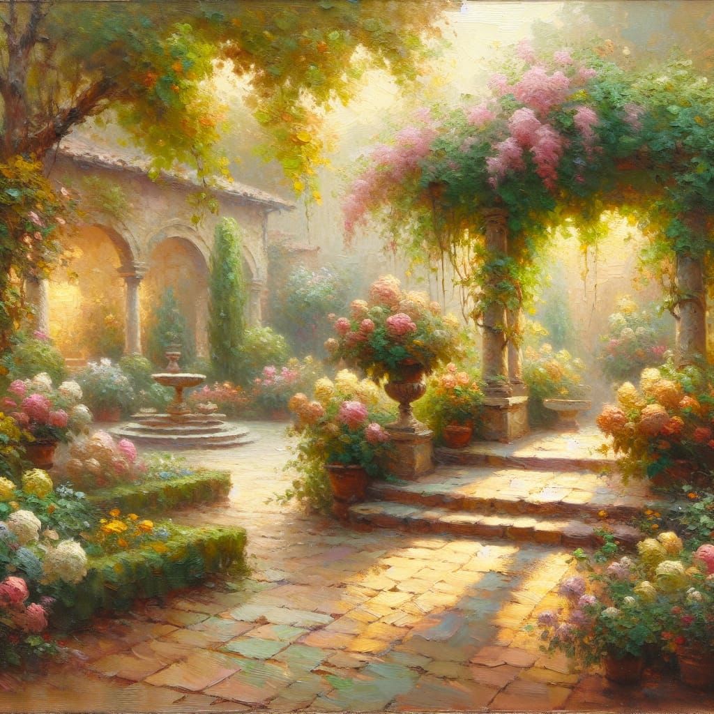 Impressionist Garden Scene with Serene Courtyard