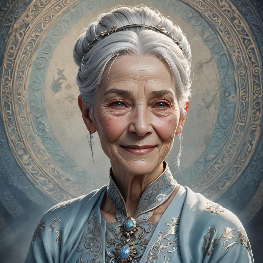 Kind Elderly Woman with White Hair as Matte Painting