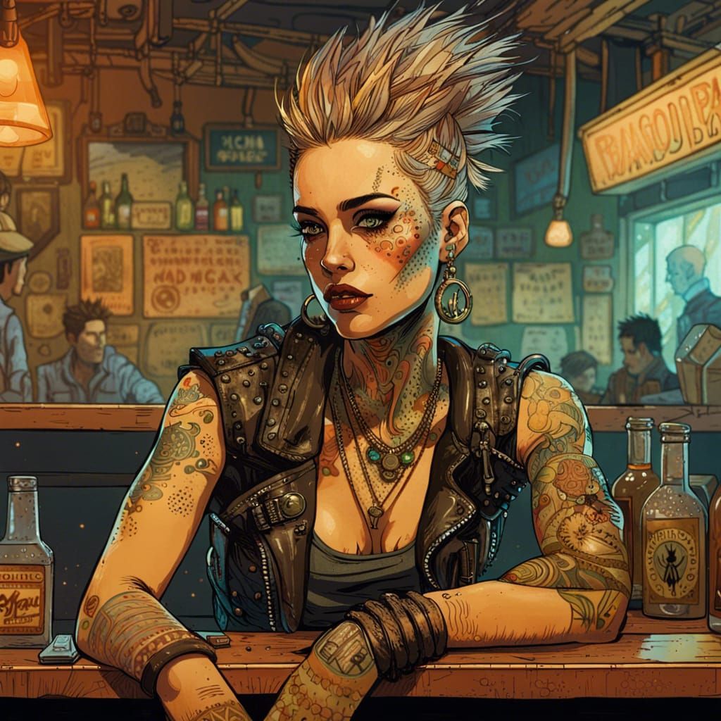 Badass Punk Woman in Post-Apocalyptic Bar