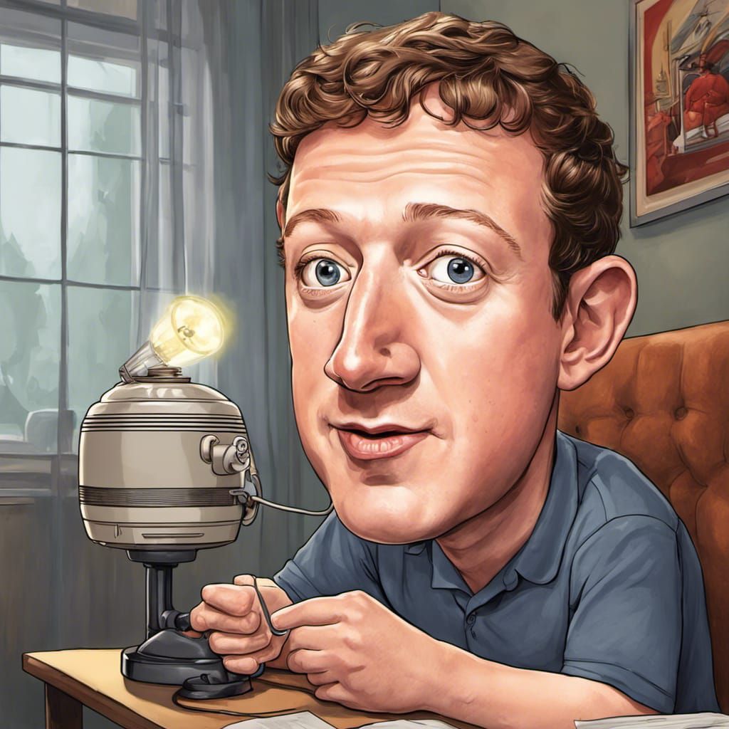 Caricature of Mark Zuckerberg laying under a heating lamp with giant beady eyes