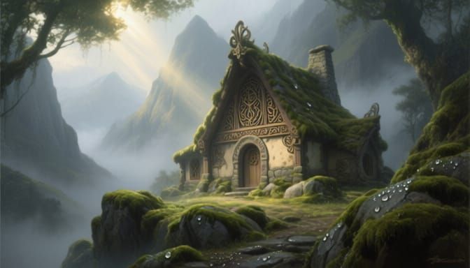 Elven Cottage in Misty Mountains Digital Matte Painting