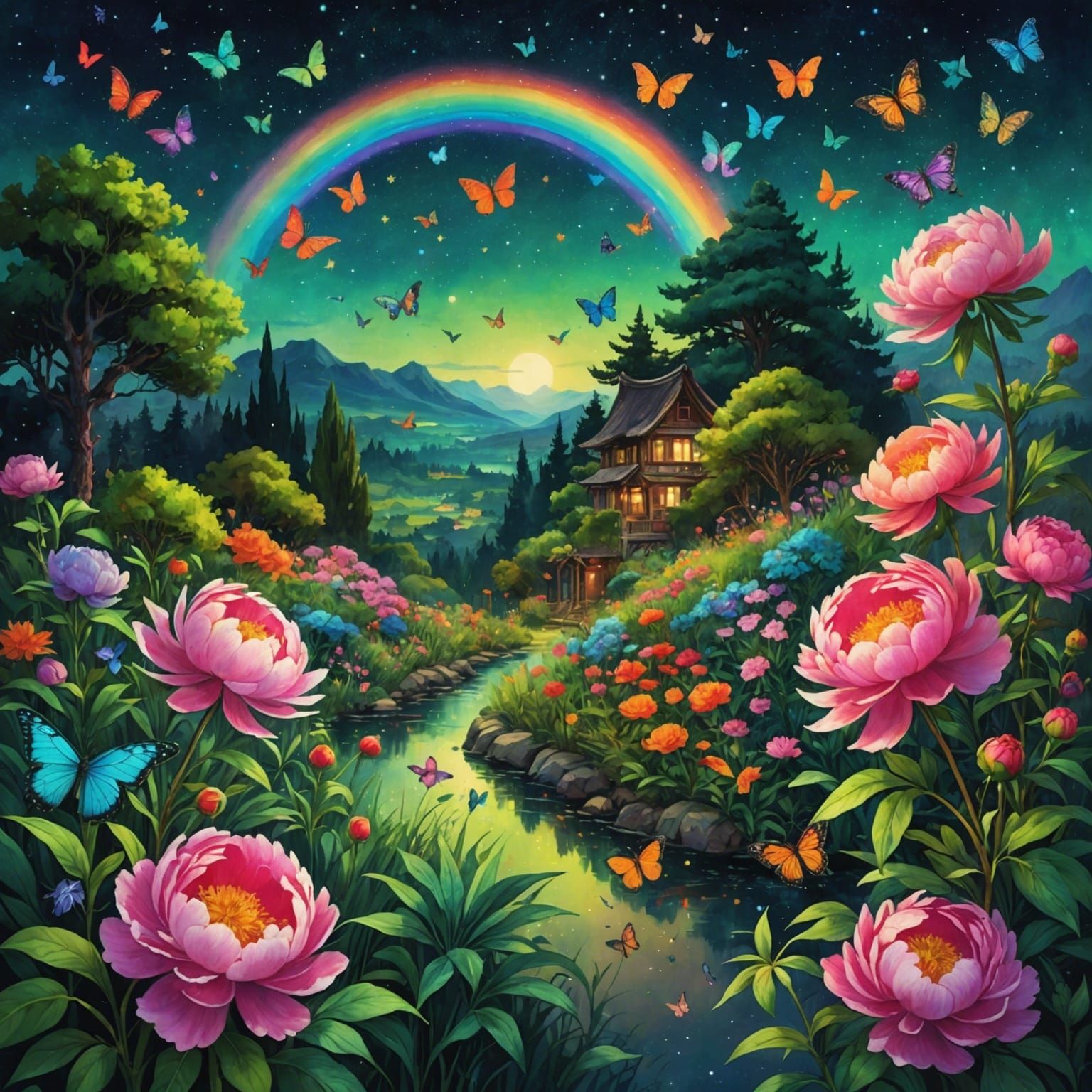 Peony Garden Midnight Explosion in Impasto Style