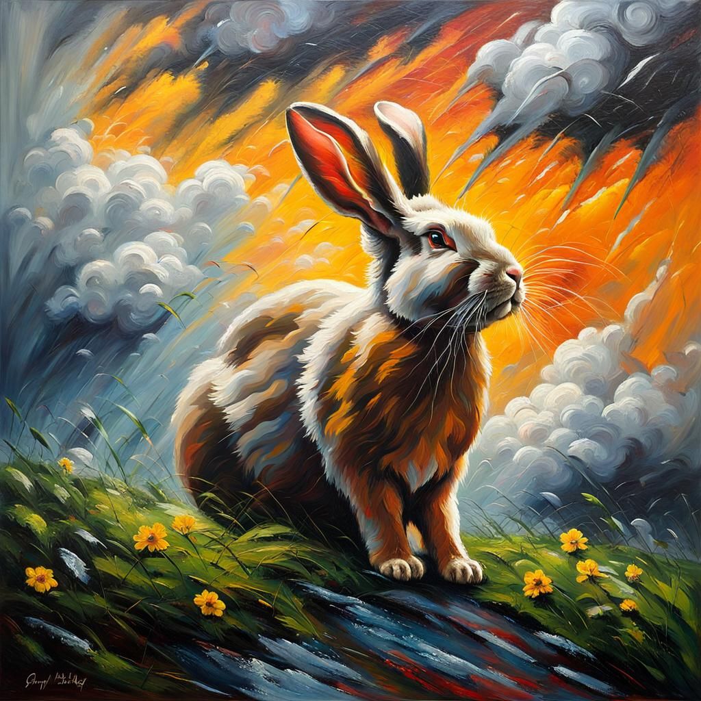 Rabbit in Spring Storm as Impasto Oil Painting