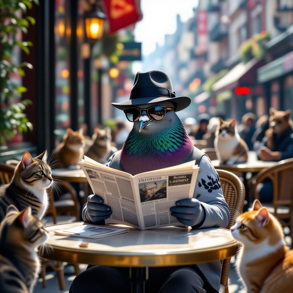 Pigeon at Café Reading Newspaper in Photorealistic Urban Sce...