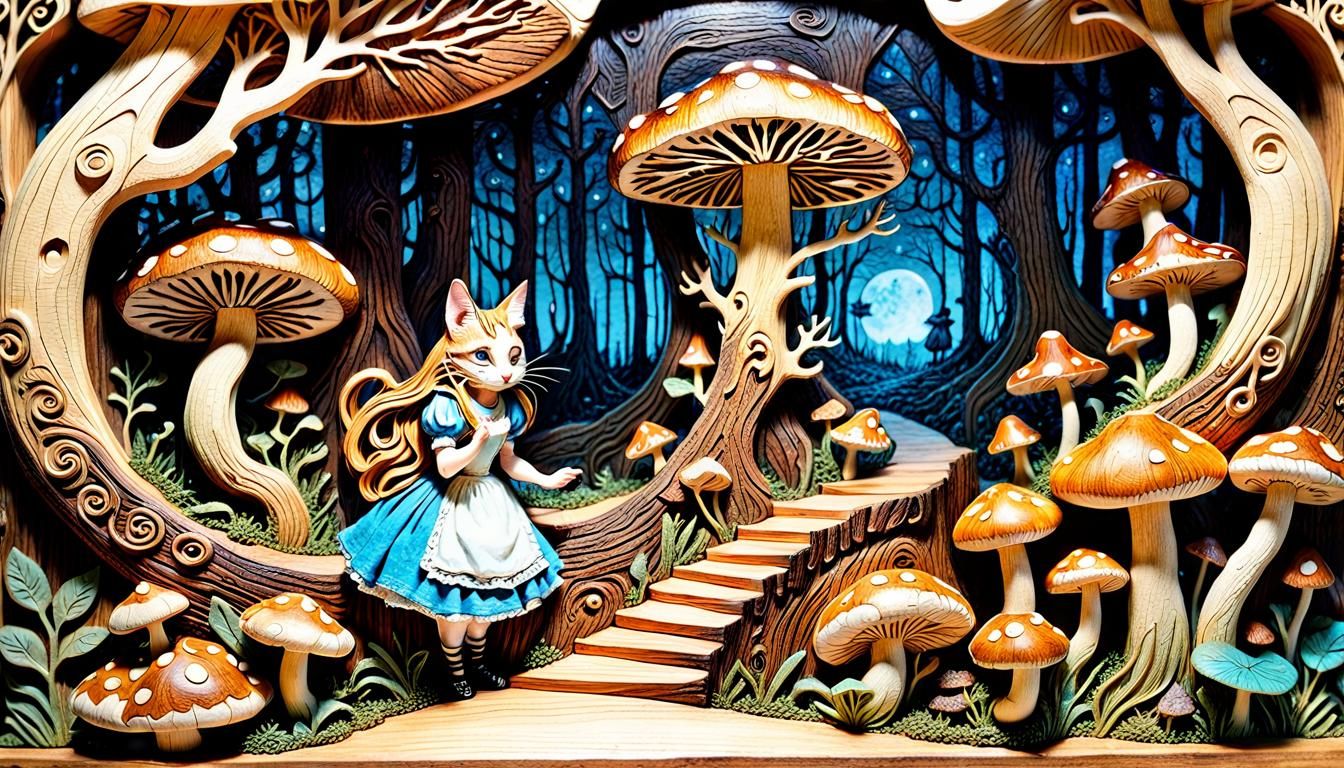 Alice in Wonderland Wood Carving at Night