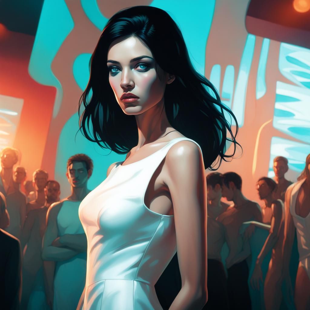 Pale Woman in White Dress at Nightclub