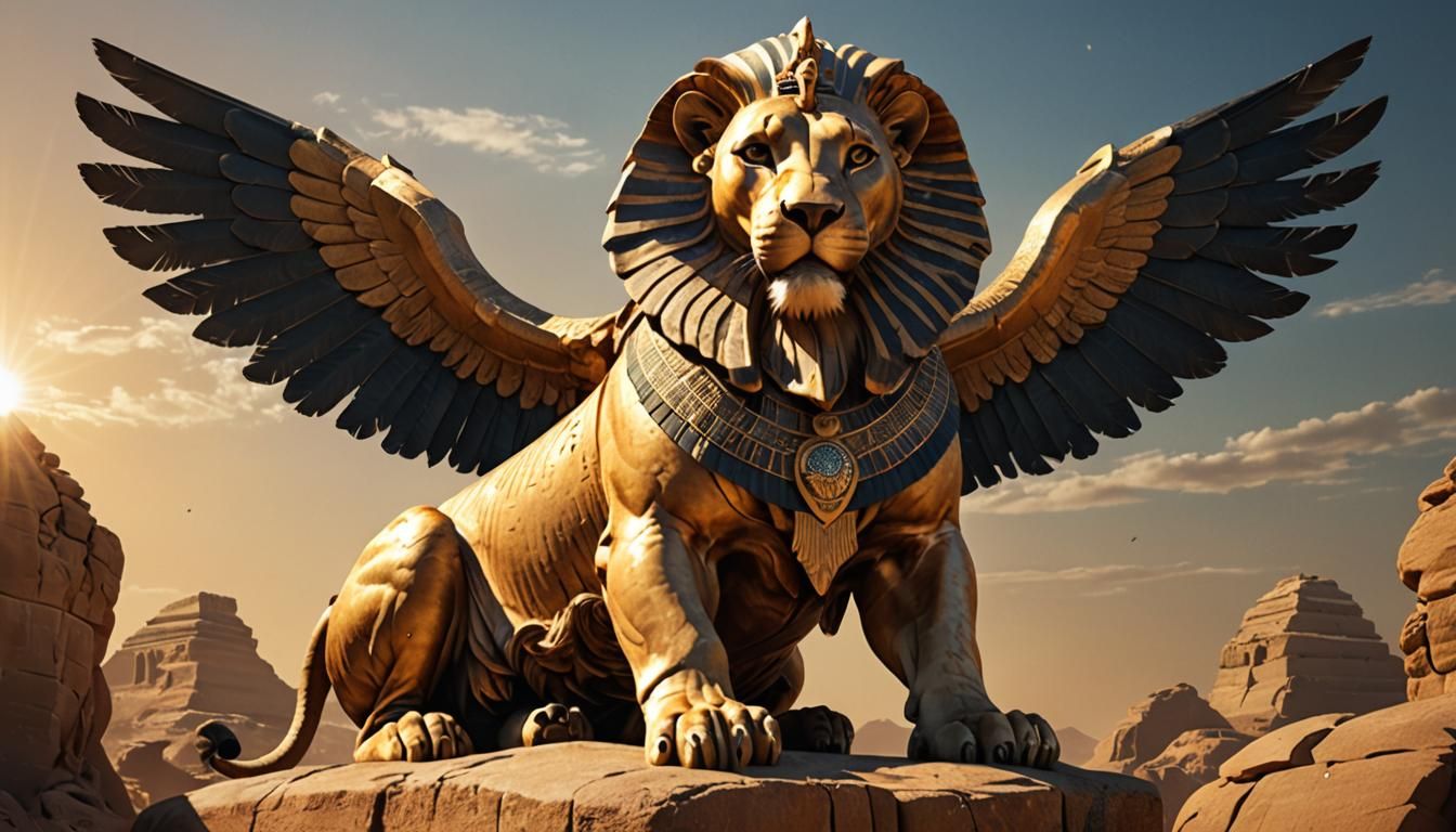 Hyper-Realistic Sphinx with Ram Head and Lion Body in Golden...