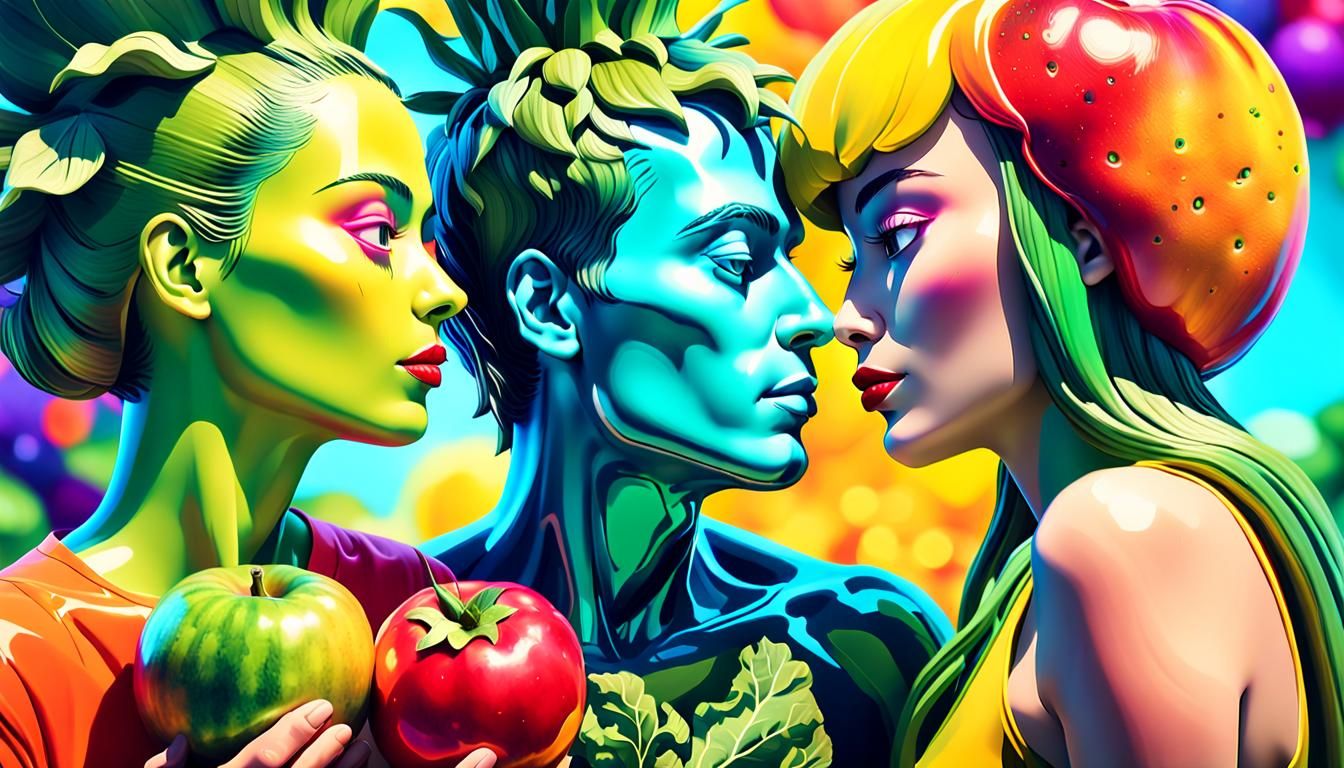 Vegetable Man and Fruit Woman in Surreal Pop Art