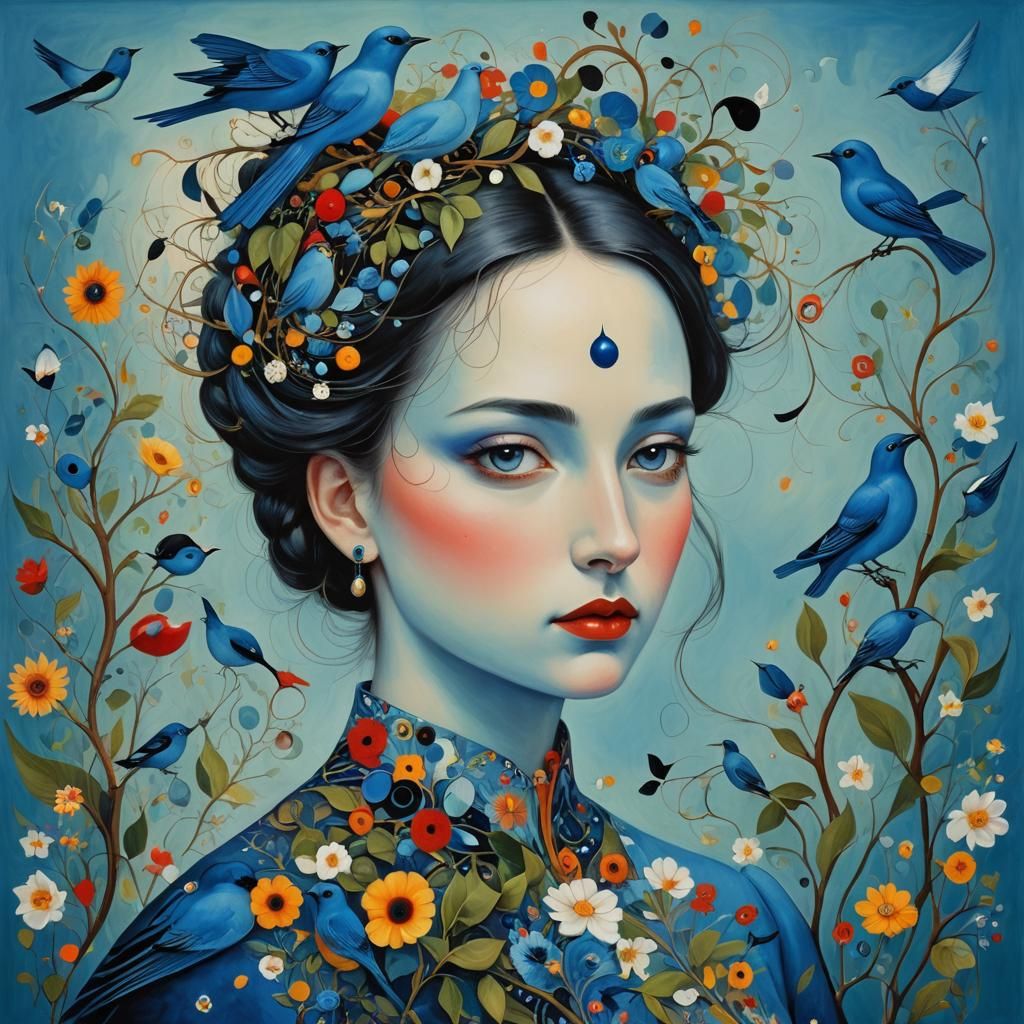 Iridiscent Bluebird in a Fantasy Landscape Gouache