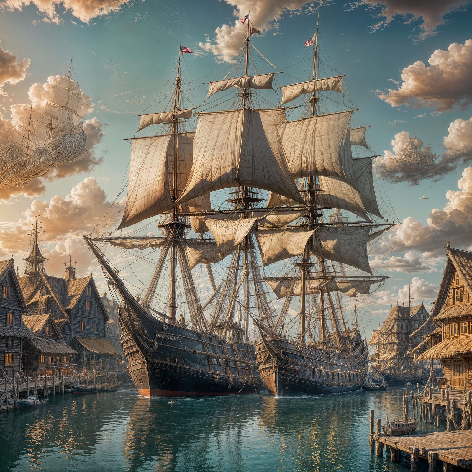 Fantastical Sailing Ship in Moonlit Harbor