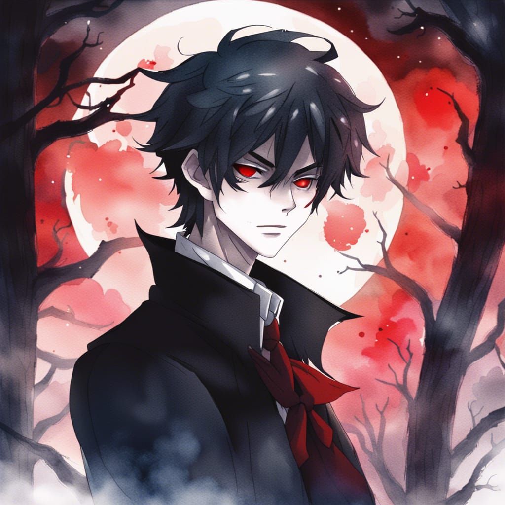 Attractive Anime Vampire Man in Dark Forest