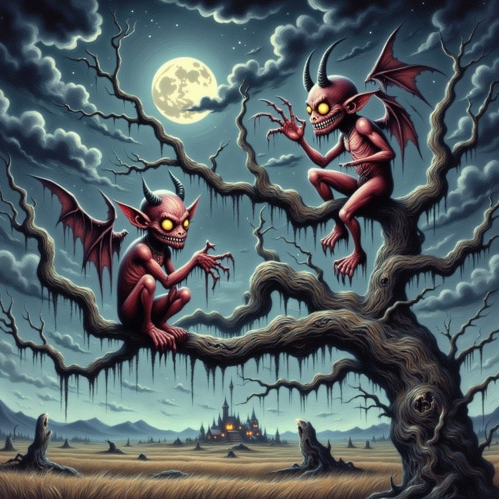 Devils Plotting Deeds in Dark Fantasy Landscape