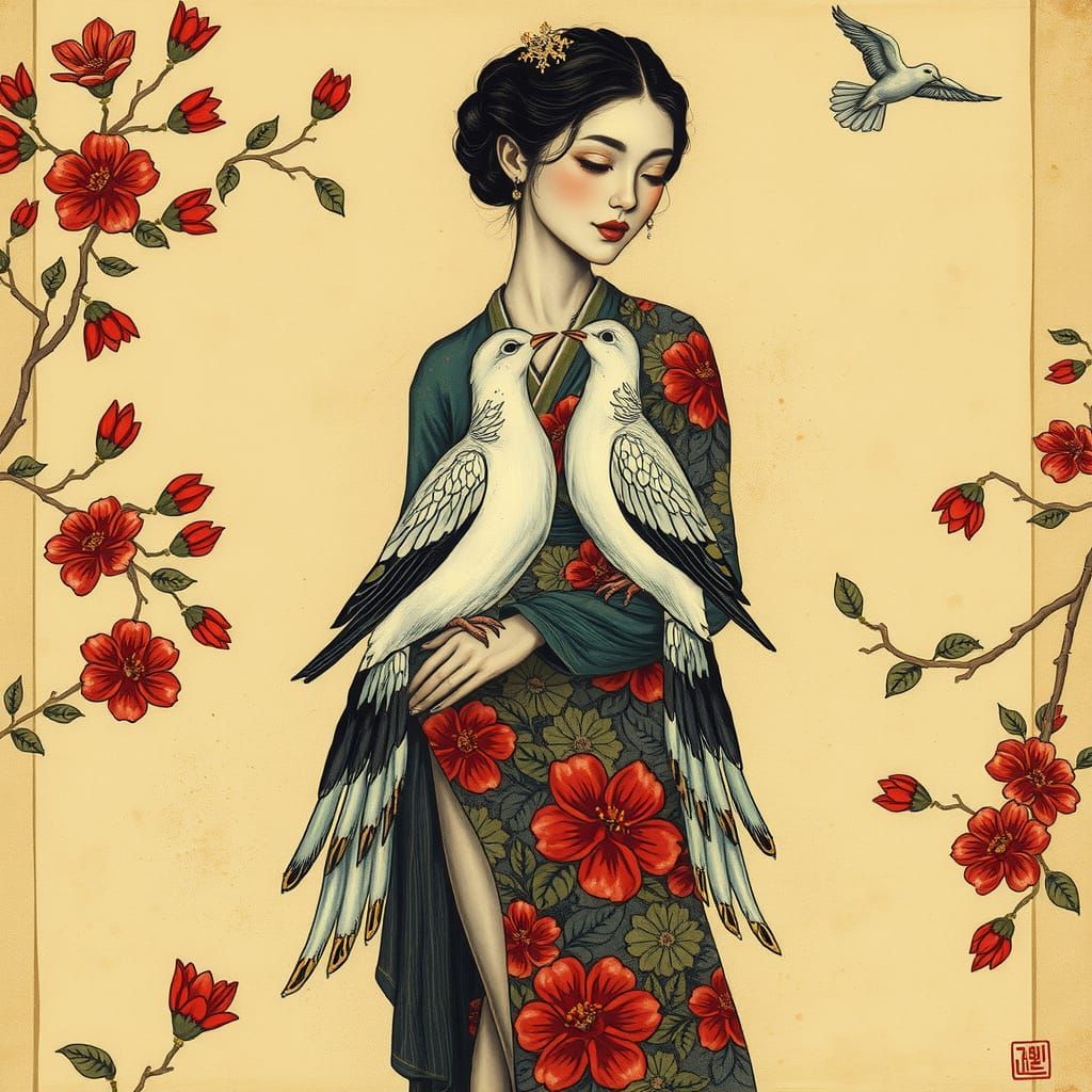 Surrealist Ink Painting of a Loving Couple