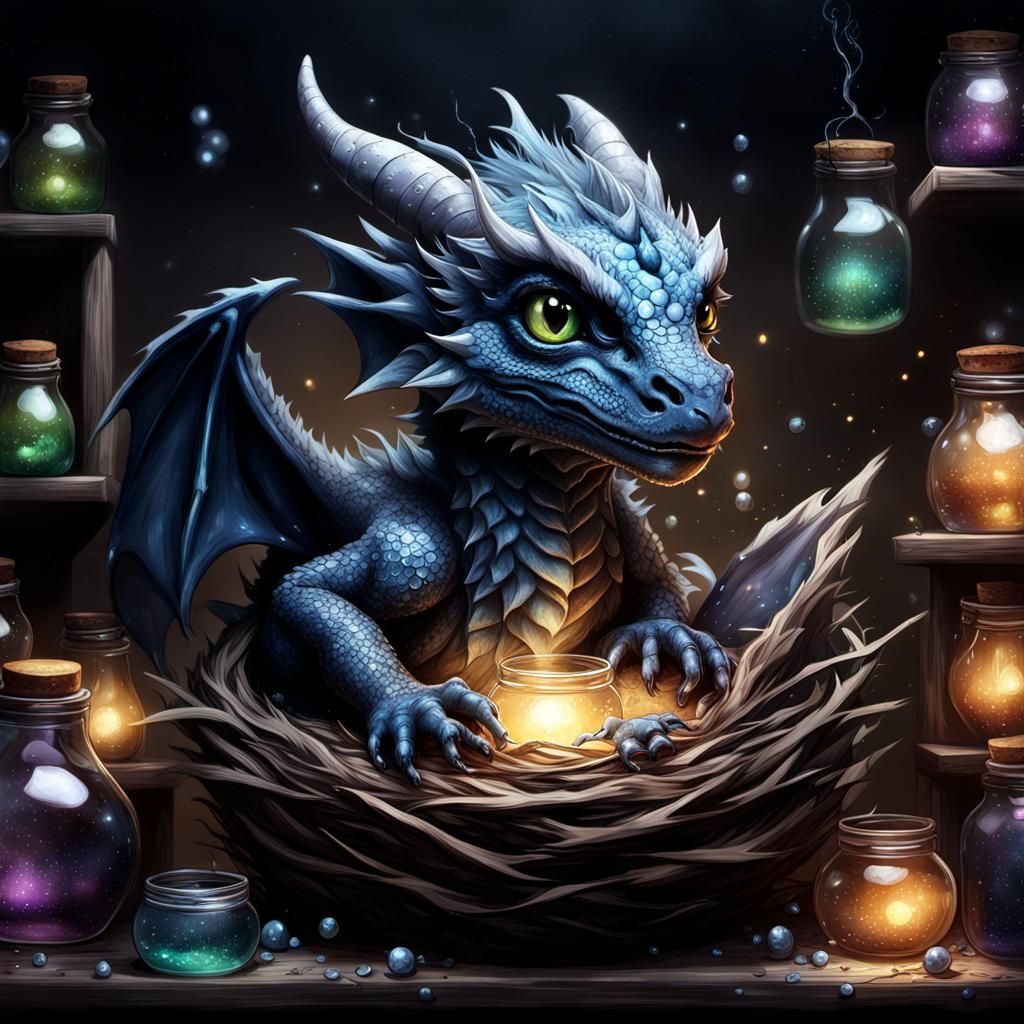 Cute Baby Dragon in Alchemist Nest, Hyperrealistic Art