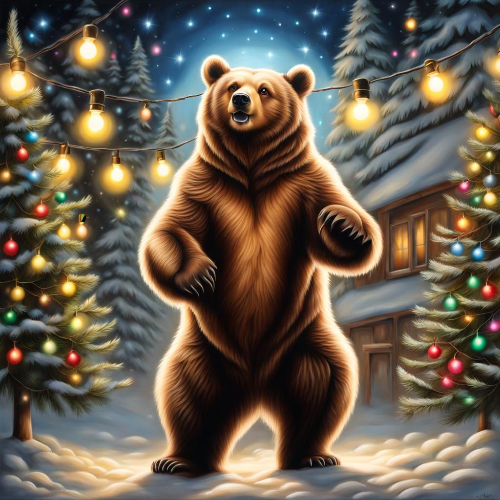 Bear Decorated with Christmas Lights Airbrush Painting