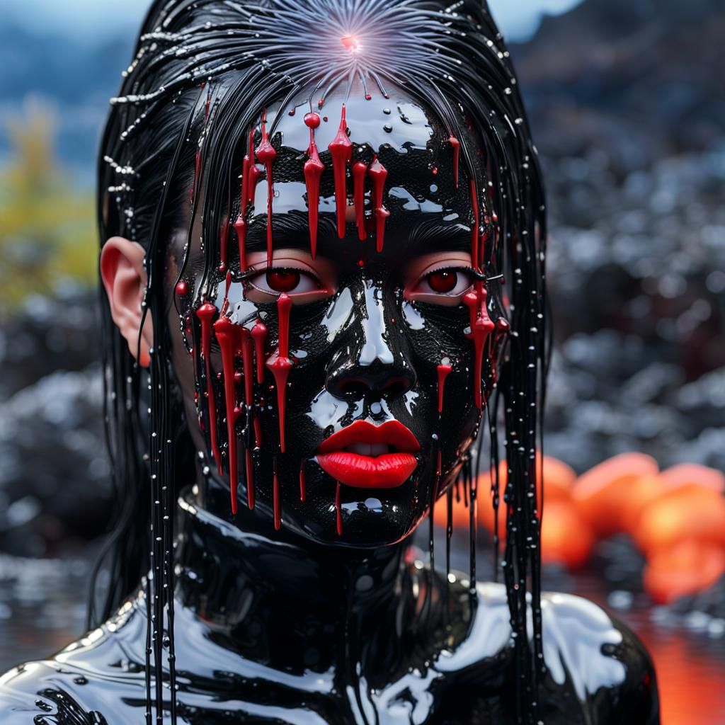 Cyberpunk Beauty Arises from Molten Onsen Lake