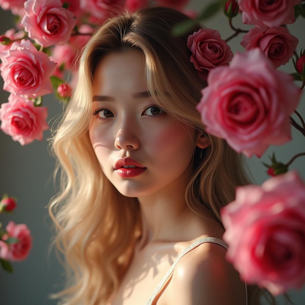 Woman with Roses in Hyperrealistic Splash Art Style