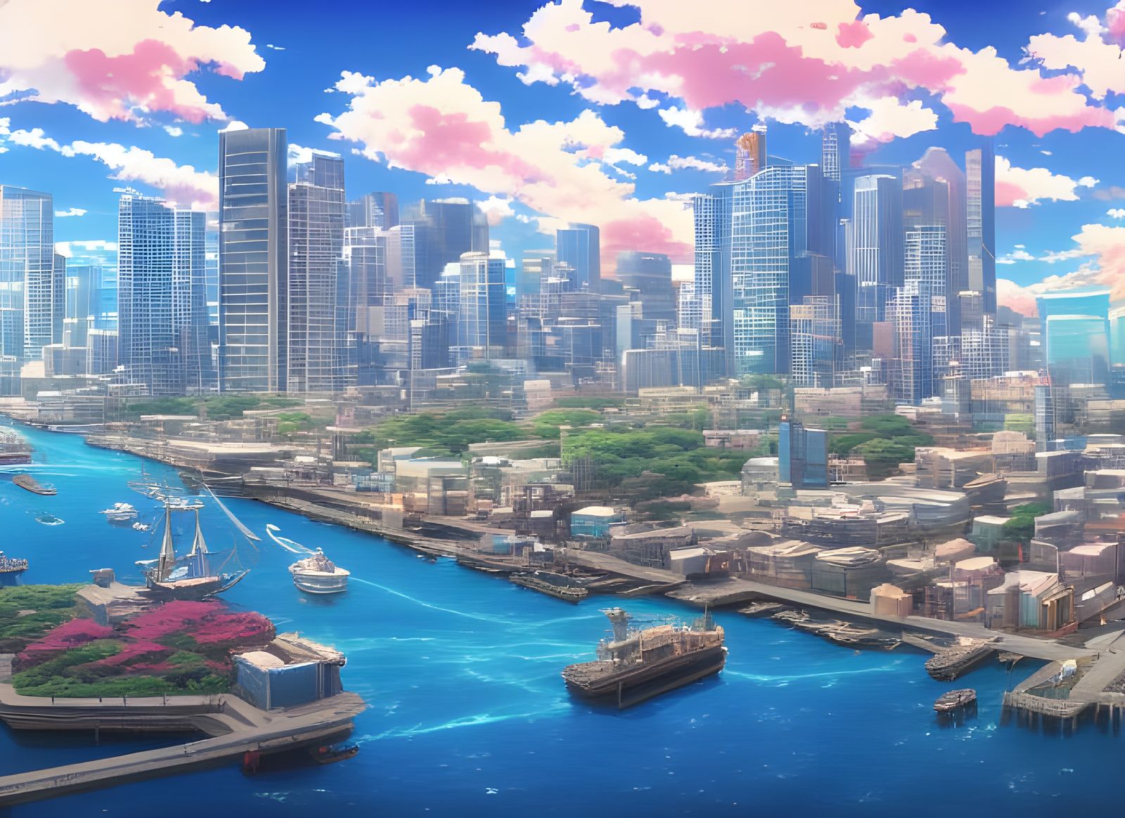 Anime Seaport Scene with Boats and Birds