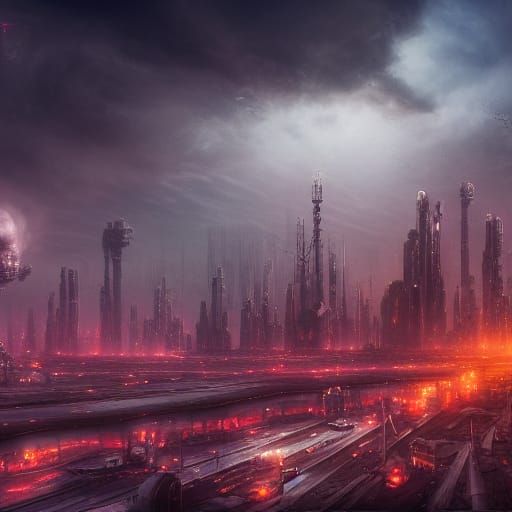 Post-Apocalyptic Sunset Over a Cyberpunk City