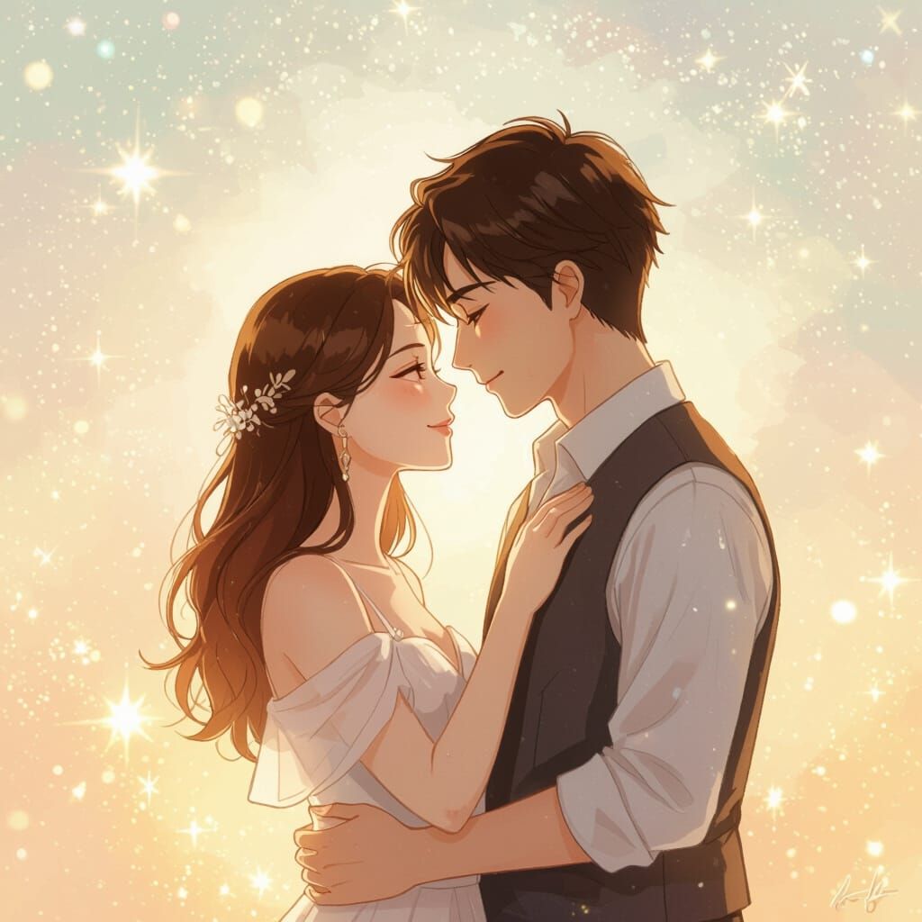 Romantic Anime Couple Kiss in Golden Light