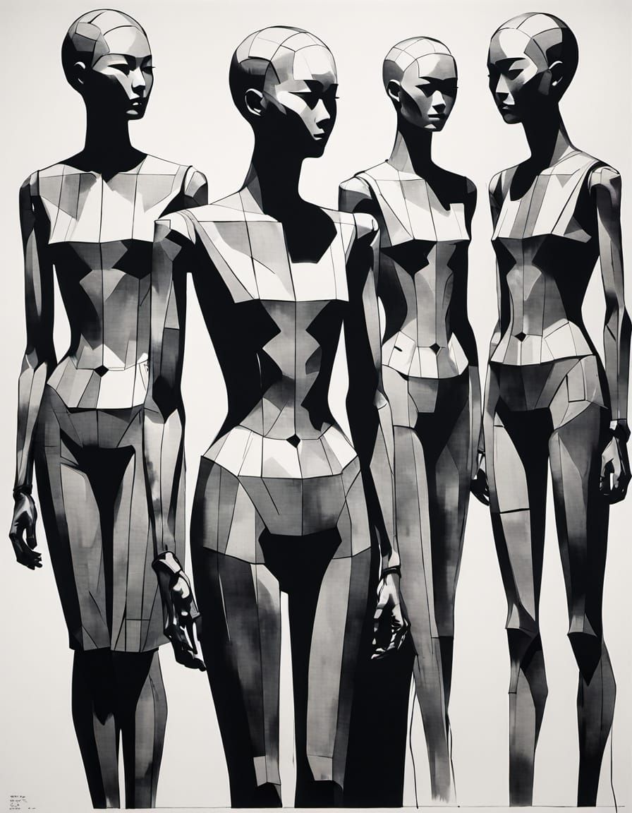 Mannequins in Brutalist Sumi-e Minimalism