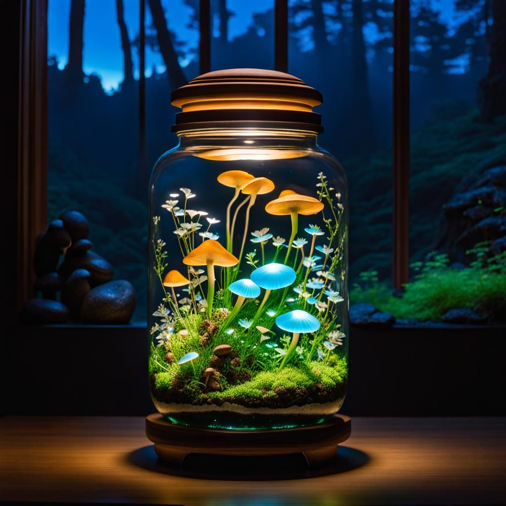Bioluminescent Garden in a Jar at Night