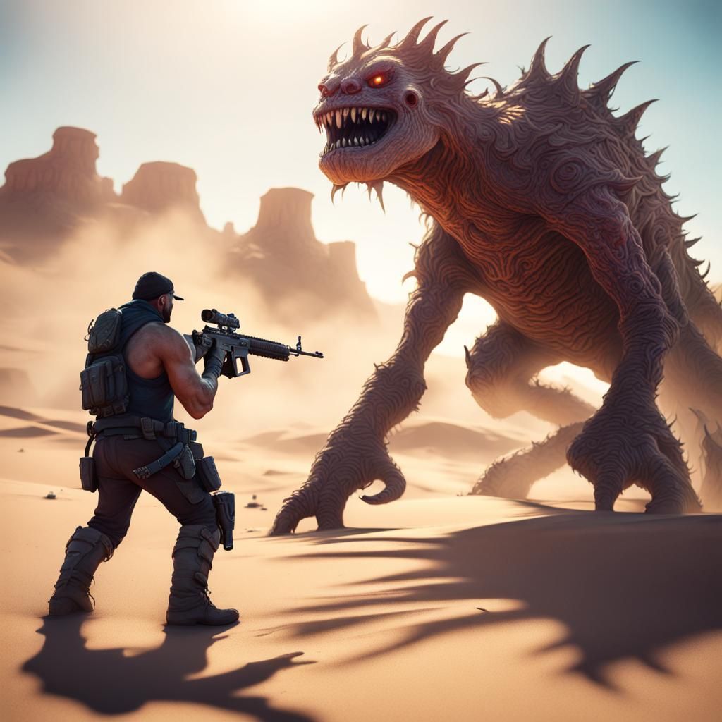 Monster Gunfight in Desert: Detailed Matte Painting