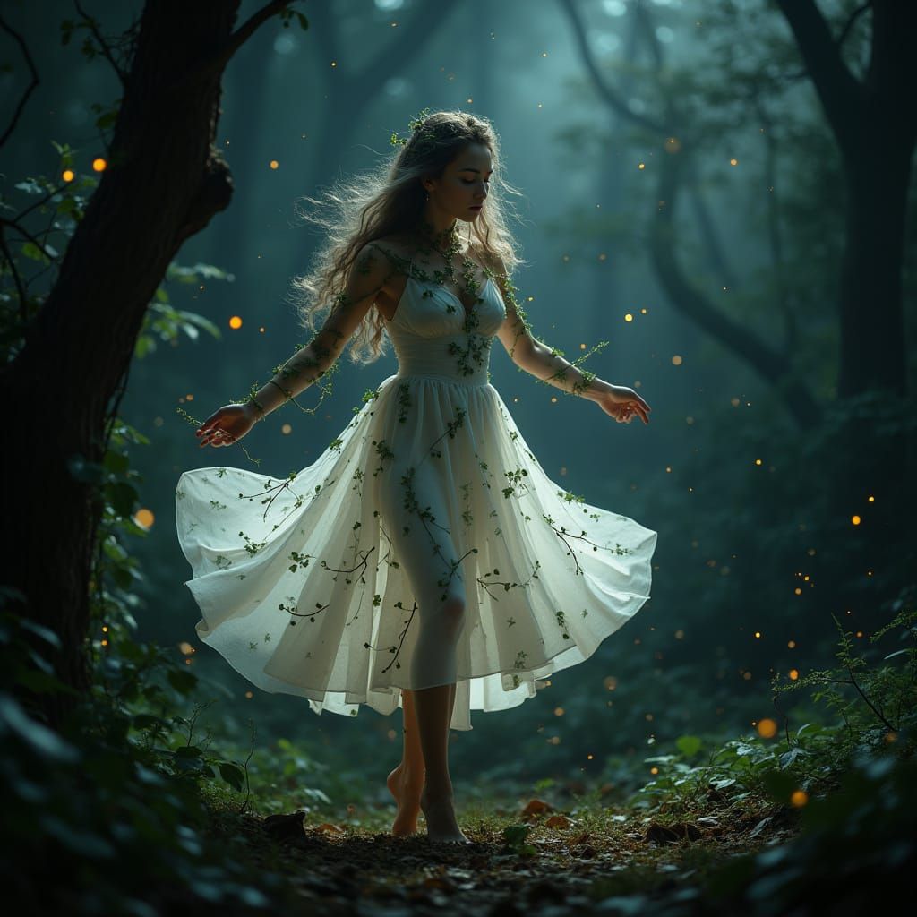 Forest Sylph Dances at Night with Fireflies
