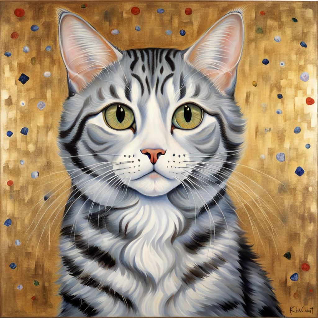Gray Tabby Cat Portrait, Blending Art Styles