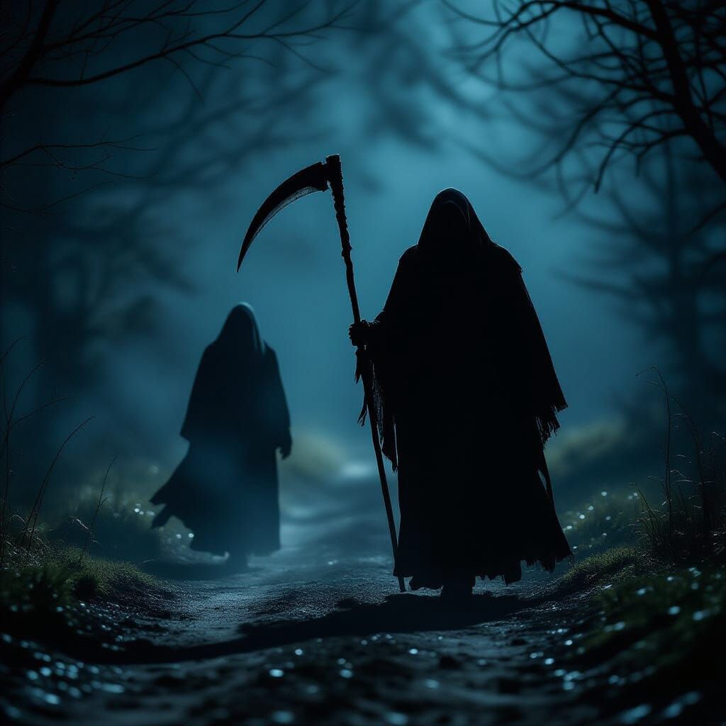 Grim Reaper Pursues Lost Soul in Cinematic Night