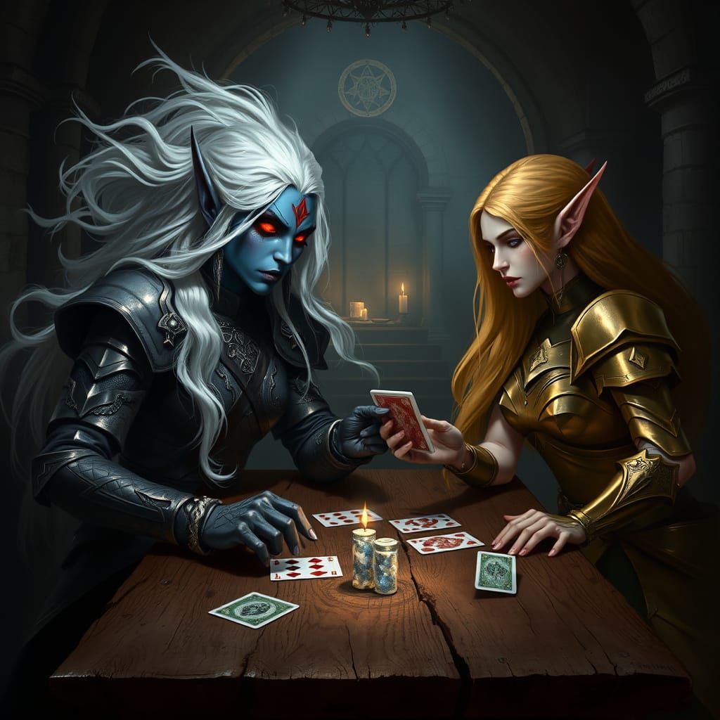 Drow Warrior Engages in Intimate Card Game with Elf in Dimly...