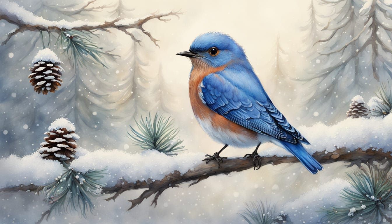 Whimsical Winter Bluebird Scene