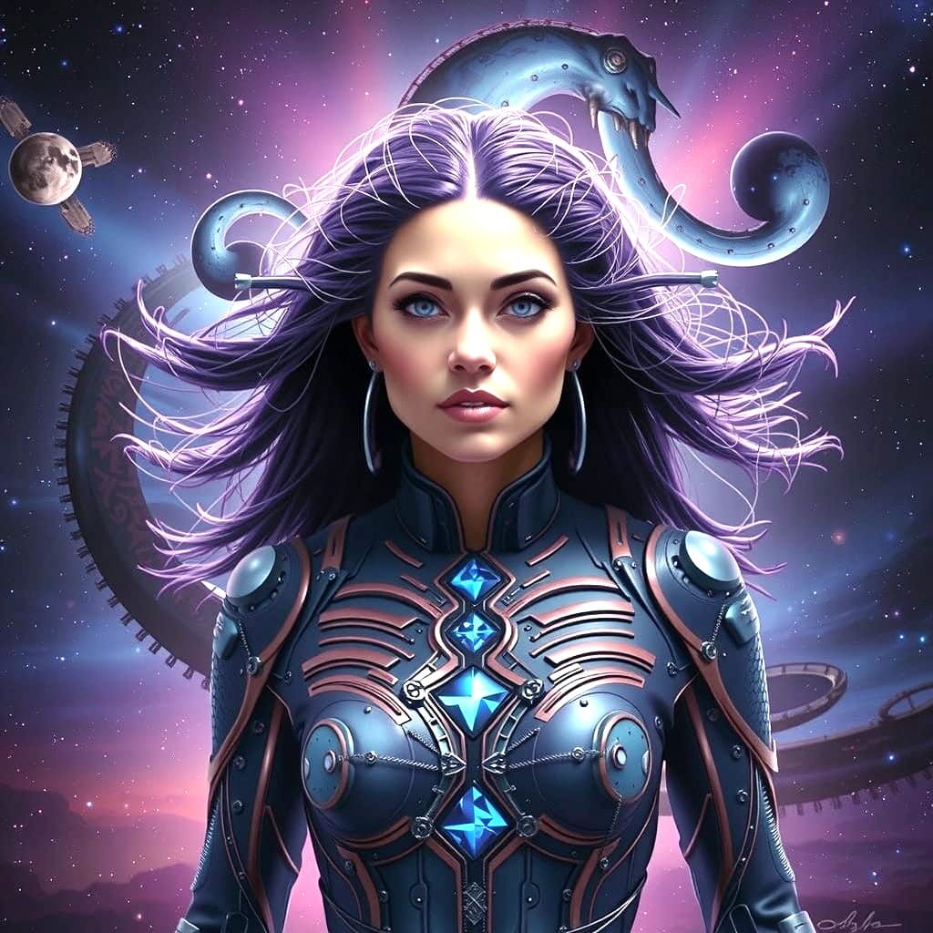 Violet Android Goddess in a Cosmic Universe