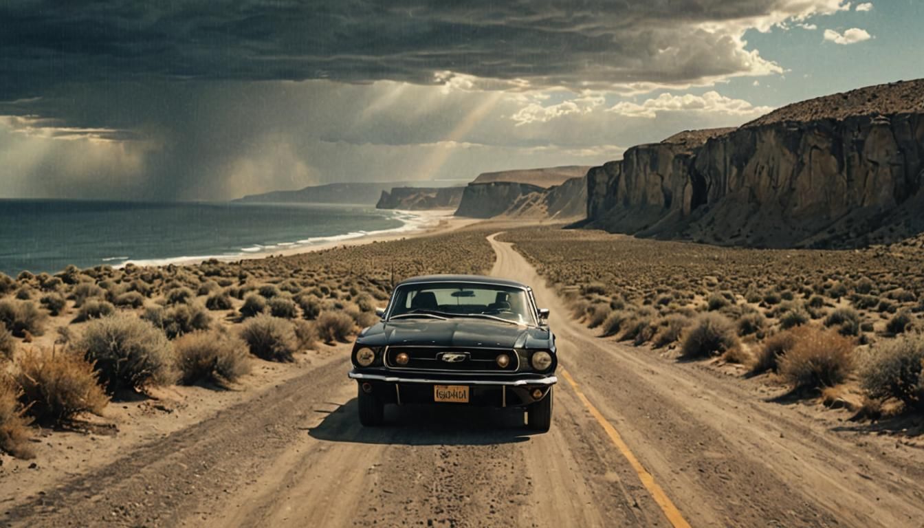 Black Mustang on Dusty Road, Cinematic Film Still