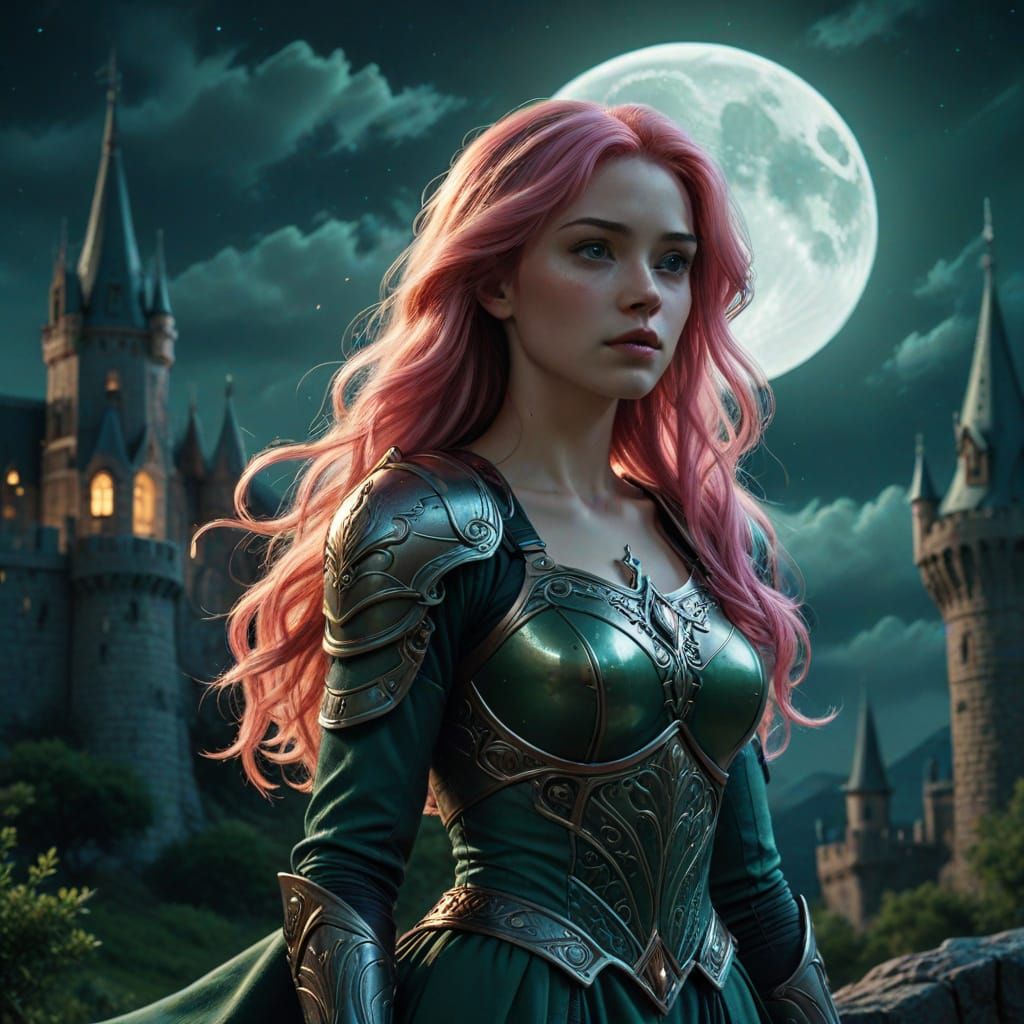 Princess in Green Dress Under Full Moon