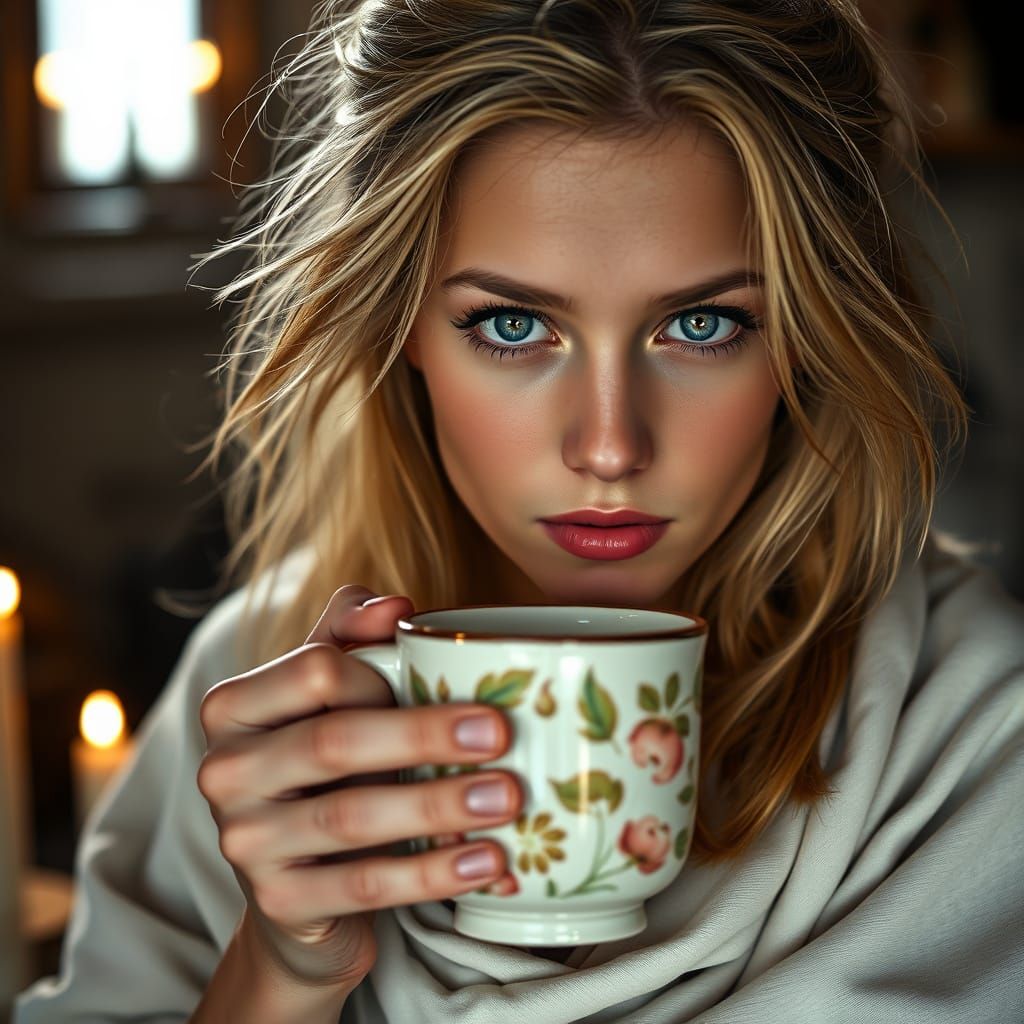 Woman in Candlelit Ambiance with Cerulean Eyes and Golden Ha...