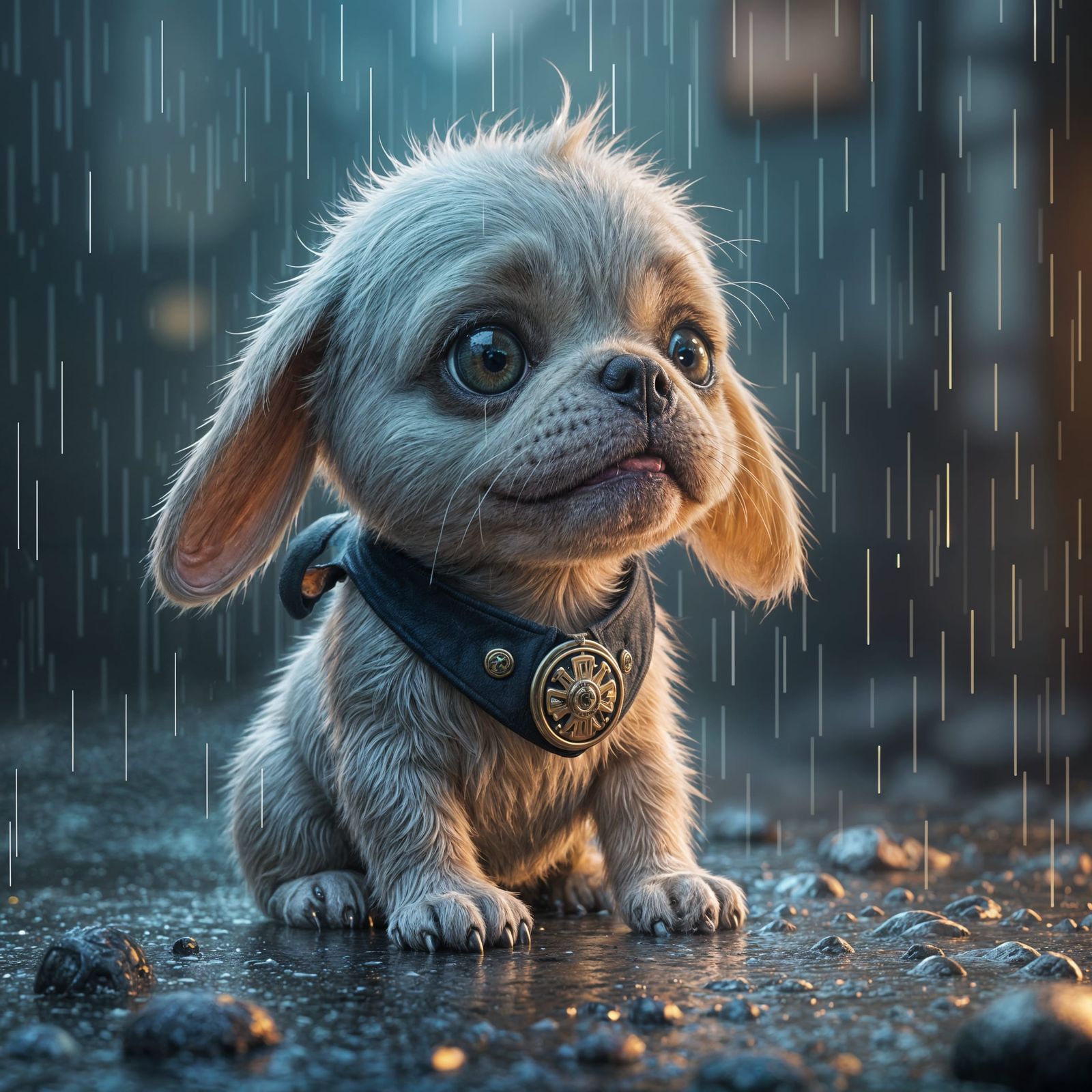 Sad Pug Puppy in Rainy City: Concept Art