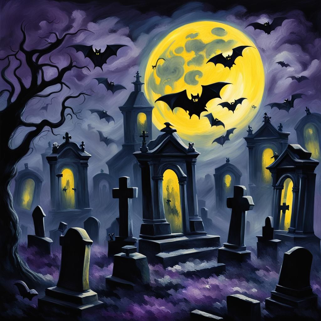Ghosts in Haunted Graveyard as Ominous Oil Painting